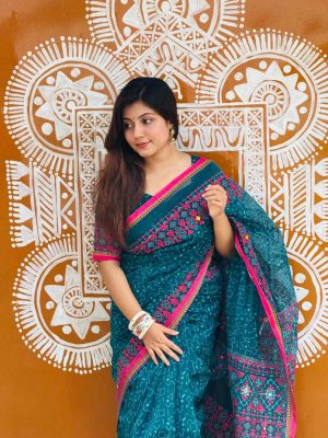প্রিমিয়াম হাফ সিল্ক বুটিক শাড়ি – সম্পূর্ণ সুতার ও এমব্রয়ডারি কাজ করা (কোড - 015)