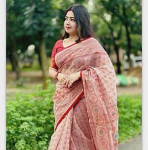 প্রিমিয়াম হাফ সিল্ক বুটিক শাড়ি – সম্পূর্ণ সুতার ও এমব্রয়ডারি কাজ করা (কোড - 30)