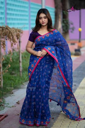 প্রিমিয়াম হাফ সিল্ক বুটিক শাড়ি – সম্পূর্ণ সুতার ও এমব্রয়ডারি কাজ করা (কোড - 26)