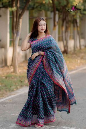প্রিমিয়াম হাফ সিল্ক বুটিক শাড়ি – সম্পূর্ণ সুতার ও এমব্রয়ডারি কাজ করা (কোড - 38)