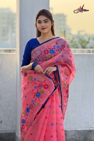 প্রিমিয়াম এমব্রয়ডারি বুটিক শাড়ি – সম্পূর্ণ সুতার কাজ করা সাথে রানিং ব্লাউস পিস থাকবে (কোড - 65)