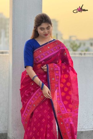 প্রিমিয়াম এমব্রয়ডারি বুটিক শাড়ি – সম্পূর্ণ সুতার কাজ করা সাথে রানিং ব্লাউস পিস থাকবে (কোড - 66)